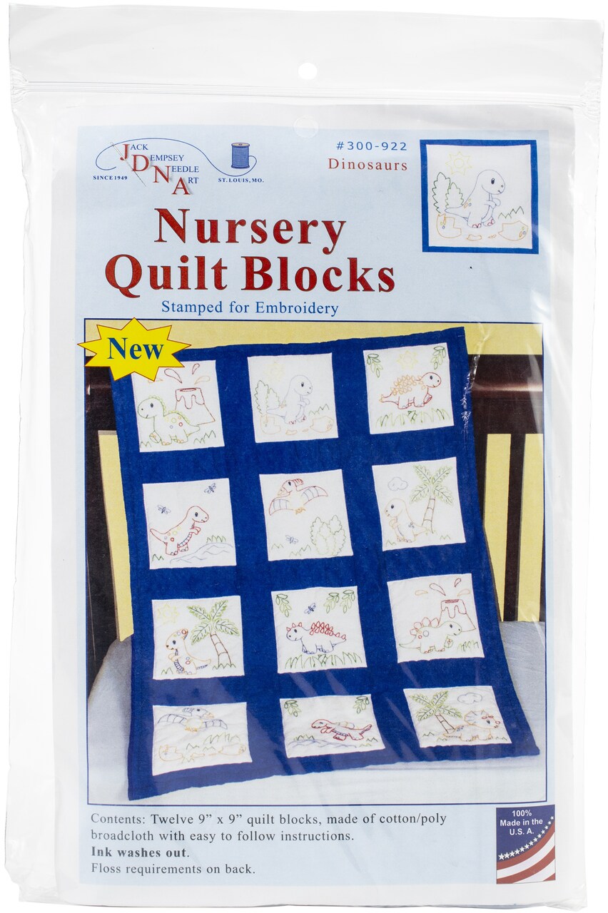 Jack Dempsey Stamped White Nursery Quilt Blocks 9"X9" 12/Pkg-Dinosaurs